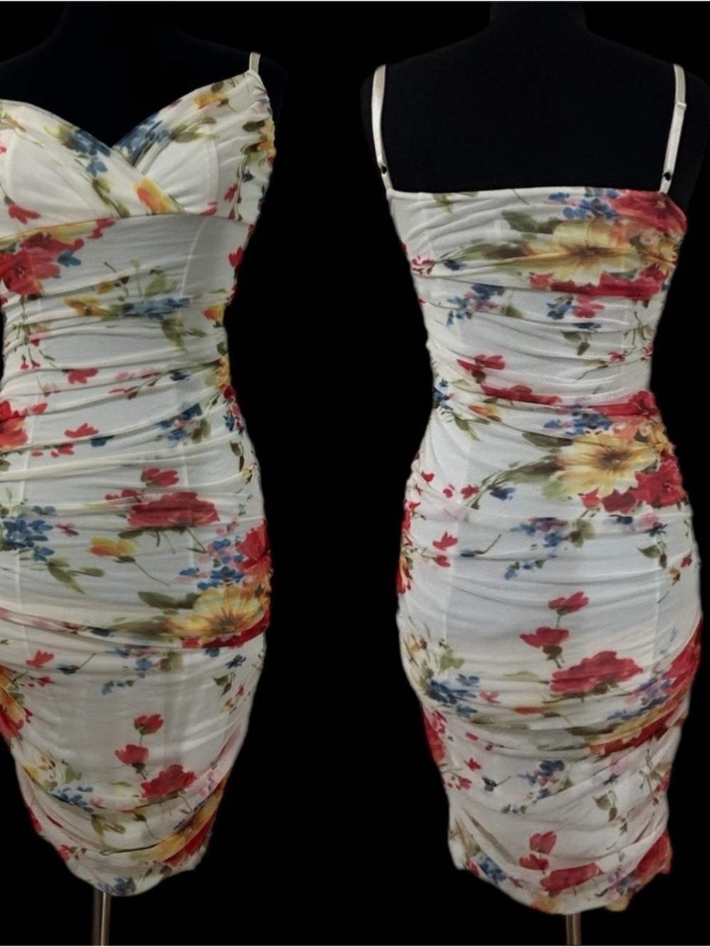 Vintage Floral Ruched Spaghetti-Strap Midi Dress with Red & Yellow Blooms S/M